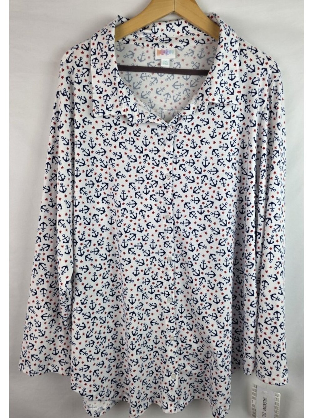 LuLaRoe Valentina Women's Shirt Size 2XL White Anchors Nautical Long Sleeve Top
